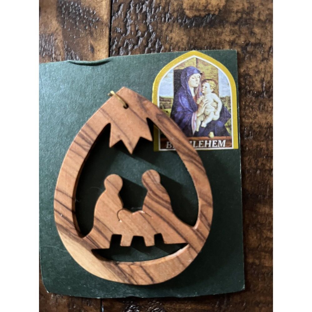 olive wood nativity ornament‎